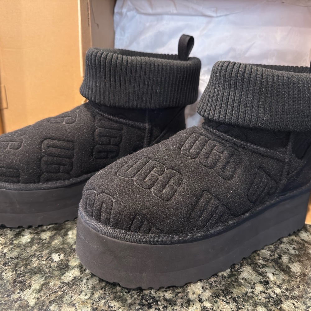 UGG Classic Mini Quilted Platform Booties/Slippers - Black